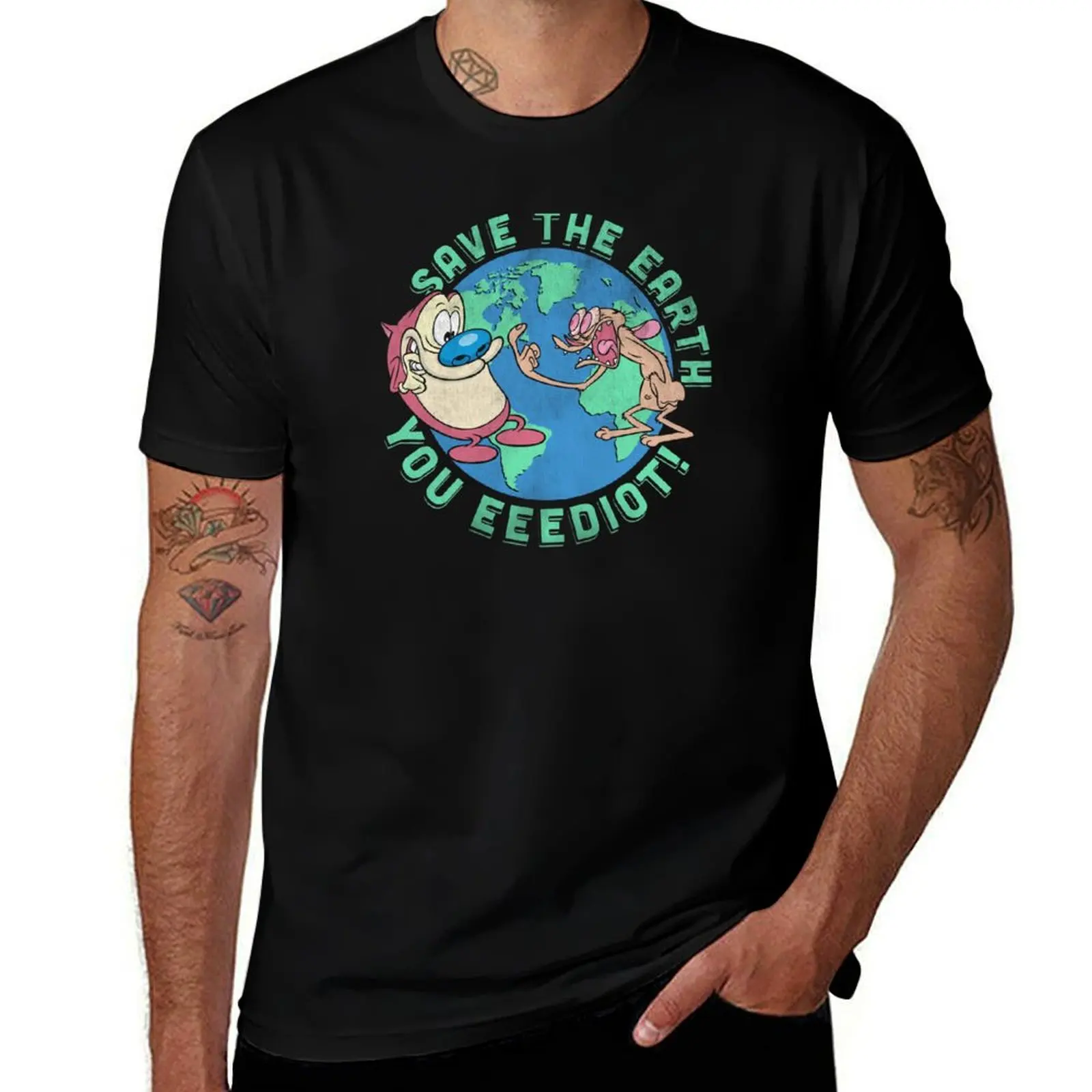 Ren and Stimpy Save The Earth You Eeediot Earth Day Vintage T-Shirt summer tops shirts graphic tees men t shirts high quality