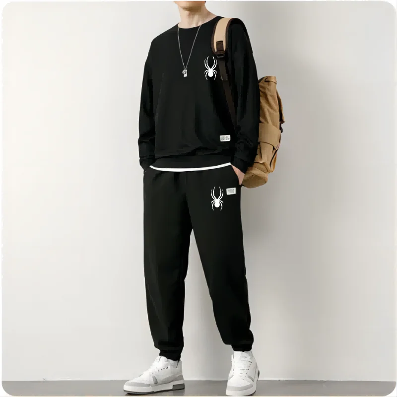 

New Spring and Autumn Waffle Long sleeved Pants Guard Pants for Men and Women Spider Print Long sleeved Solid Color Two PieceSet