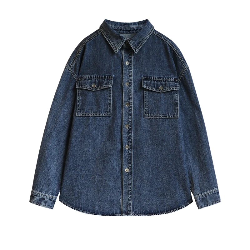 Vintage Dark Blue Women Denim Shirt Autumn Winter Long Sleeve Lapel Loose Blouse Female Washed Jean Outwear