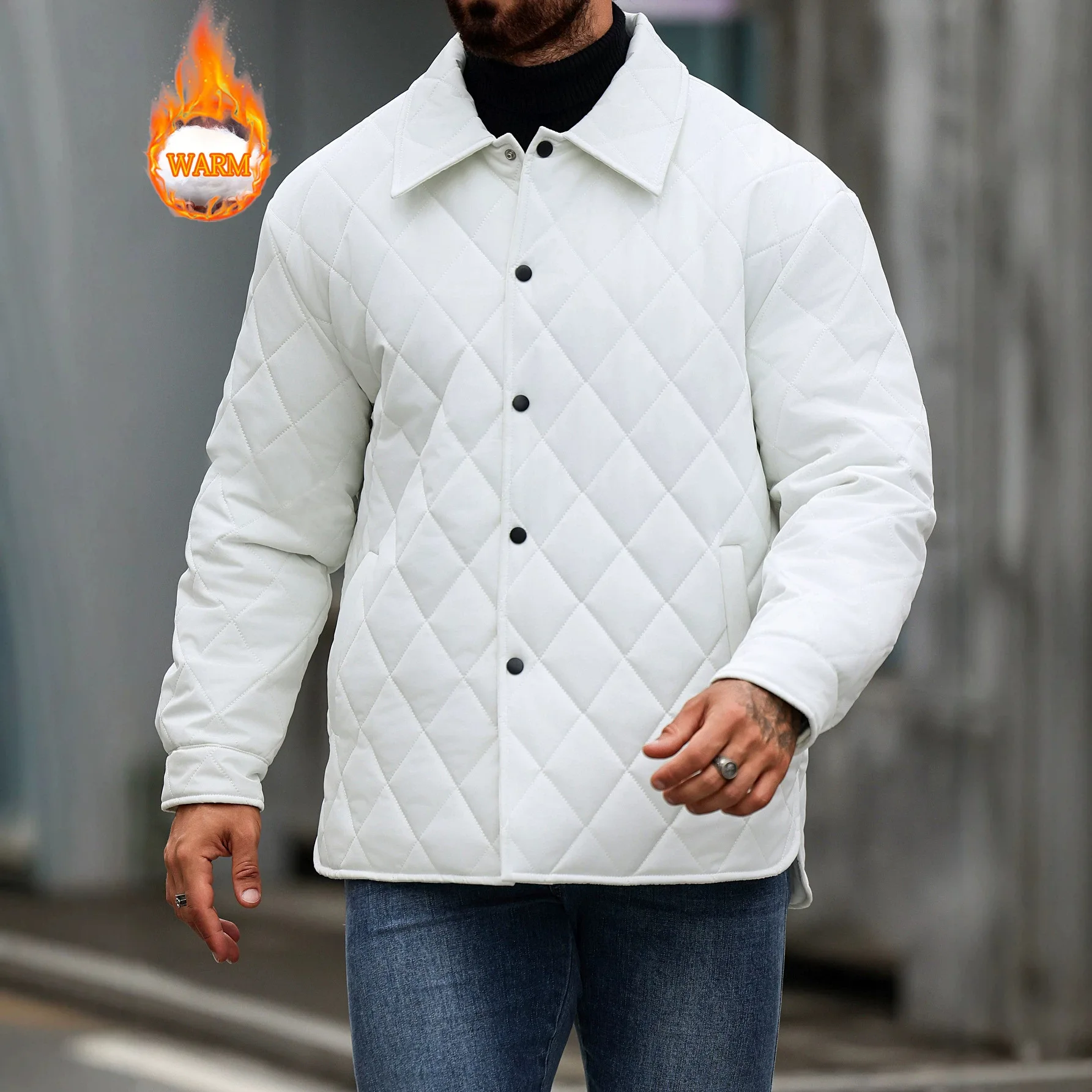 Men's Thickened Cotton Jacket with Stand Collar And Fleece Warm And Versatile White Cotton Clothing for Daily Wear