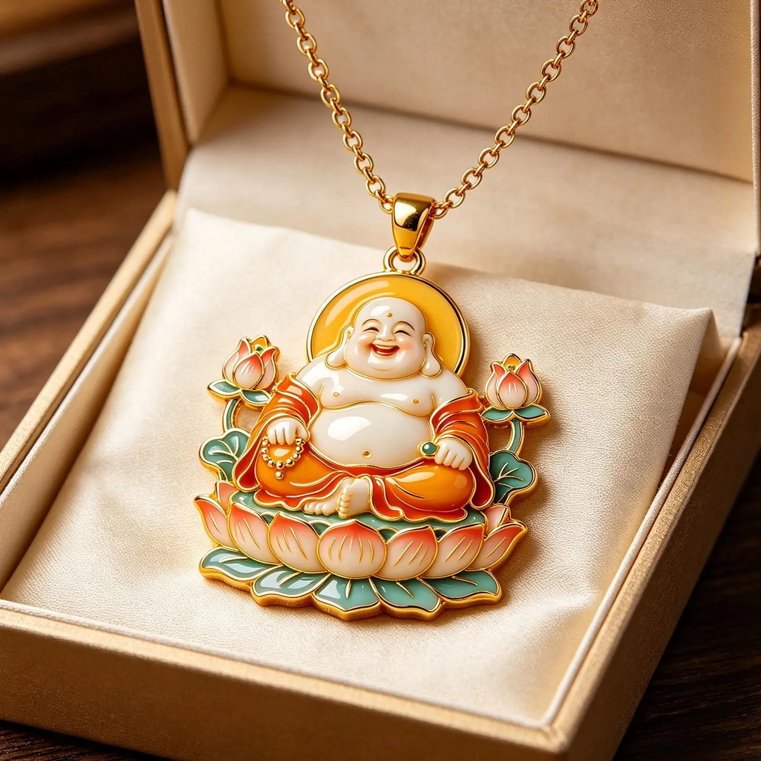 Chinese Lucky Enamel Laughing Buddha Lotus Pendant Gold Plated Necklace Good Luck Blessing Peace Jewelry Gift For Family Friends