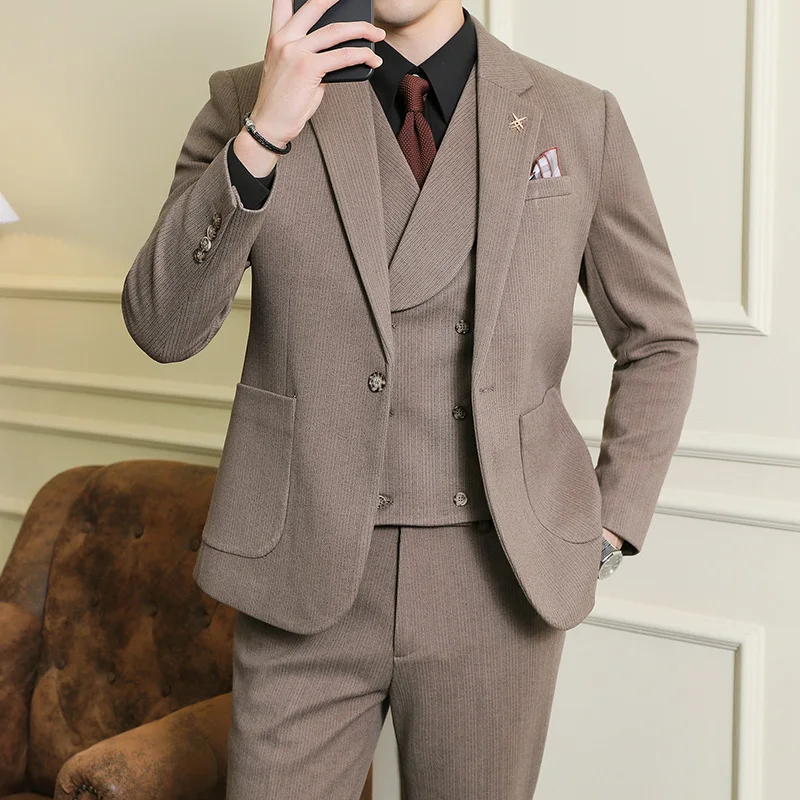 One Button Advanced Sense Suit M-5XL (suit + Vest + Trousers) New Men's Handsome Business Slim Solid Color Suit Three-piece Set