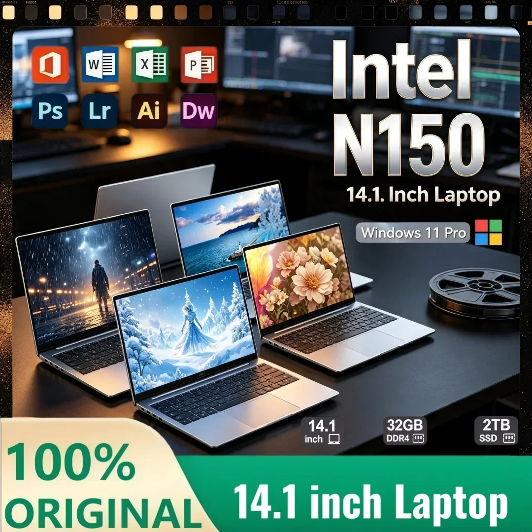 Hot Selling Intel Core N150 14.1 Inch Ultra Slim Laptop 16GB/32GB 1TB/2TB New Windows 11 1920*1080 HD Office Study