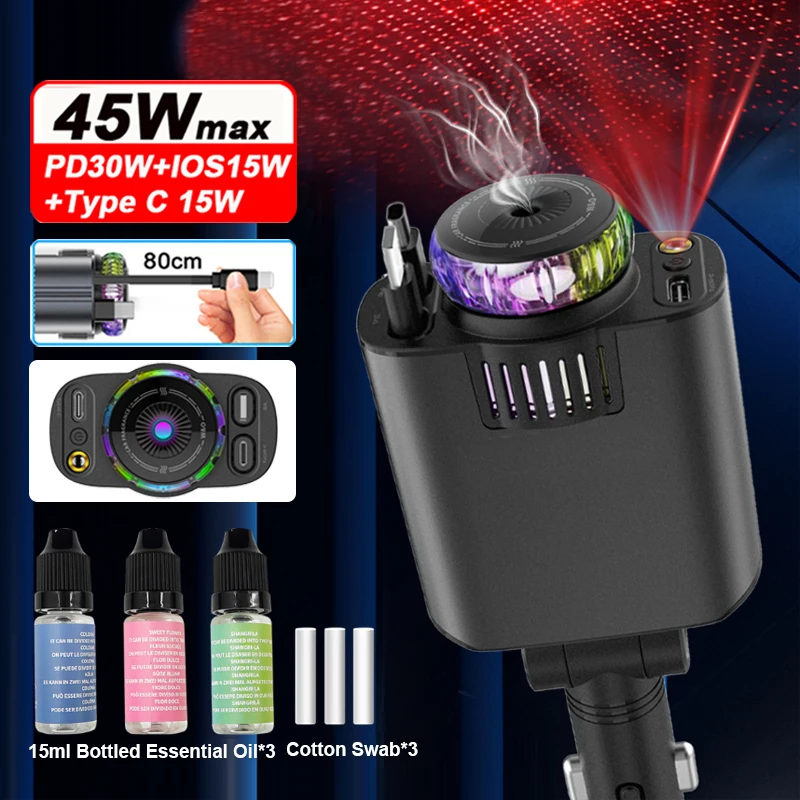 

5-In-1 Car 45W Retractable Phone Charger with IOS Type C PD30W Cable Aromatherapy Essential Oil Diffuser Starry Light For IPhone
