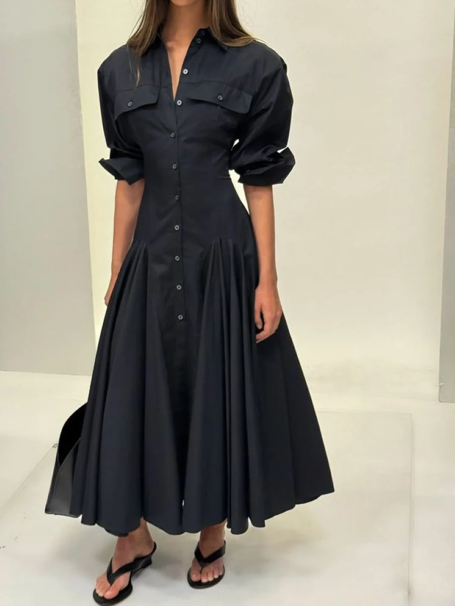 Frauen Schwarz oder Weiß Hemd Kleid Umlegekragen Langarm Einreiher Casual Weibliche 100% Baumwolle Robe