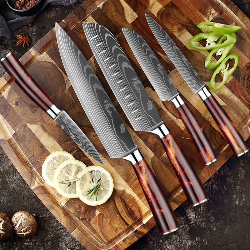 XITUO 1-10Pcs Kitchen Knives Set Laser Damascus Chef Knife Sharp Santoku Bone Fruit Slicing Knife Utility Knife Resin Handle