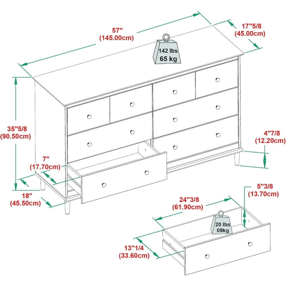 Armazenamento de quarto de cômoda de madeira maciça com 6 gavetas, 57 polegadas, cômoda de madeira