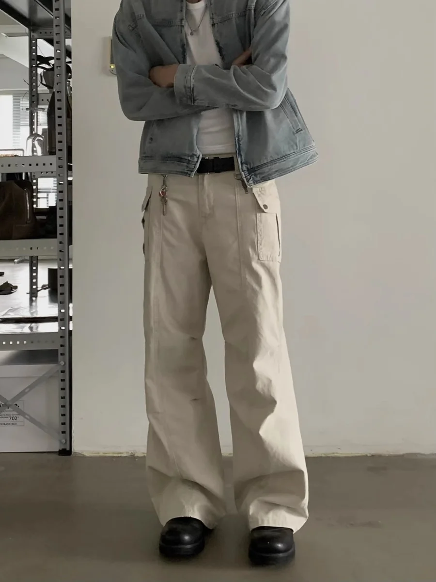 

Retro American Casual Work Pants Men Women Waed Straight Leg Streetwear Multi ket Versatile Long Trousers Youthful Energ...