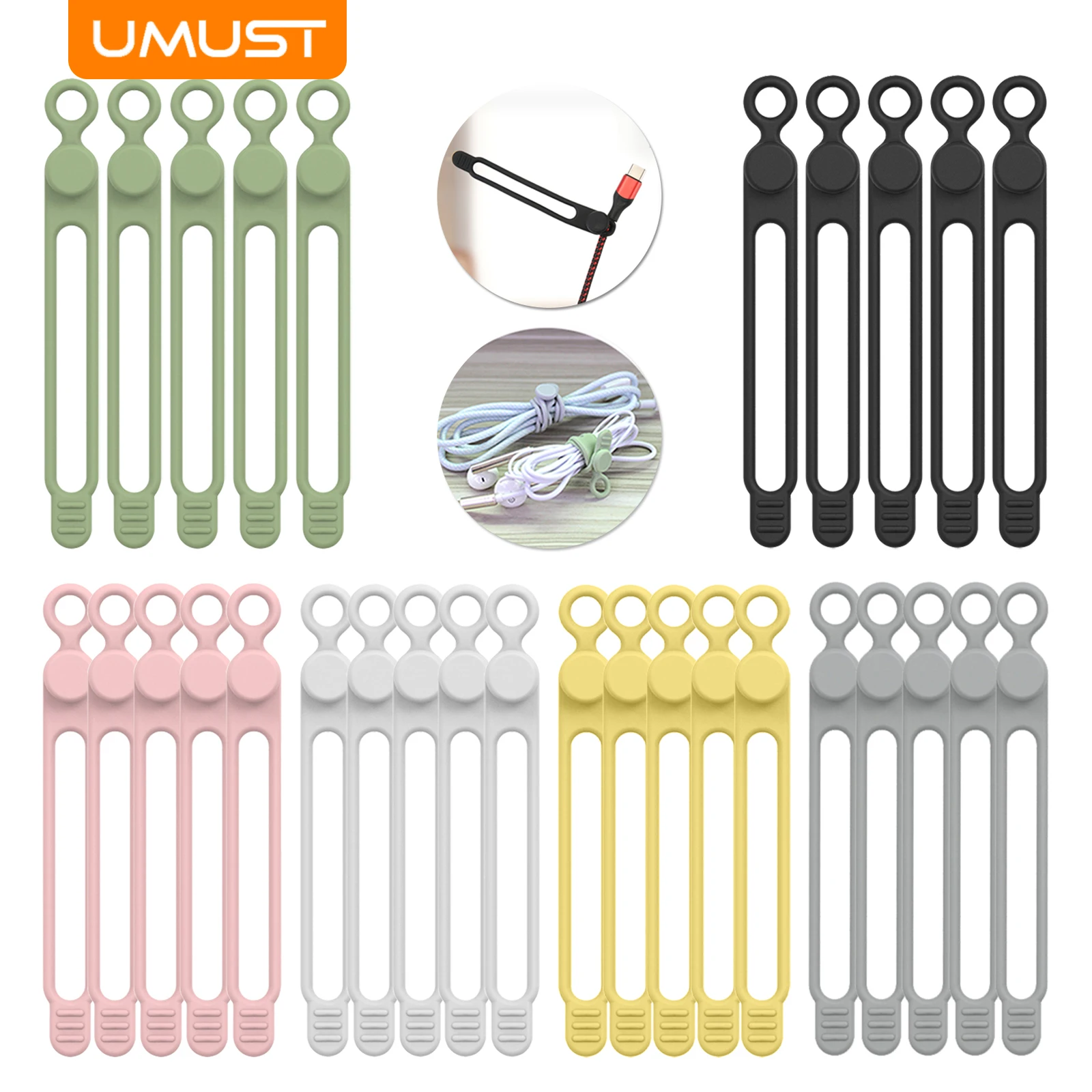 

UMUST Silicone Cable Ties, Reusable Cord Ties,Cord Organizer Elastic Cable Organizer Straps for Bundling Earphone Cable Wire Etc