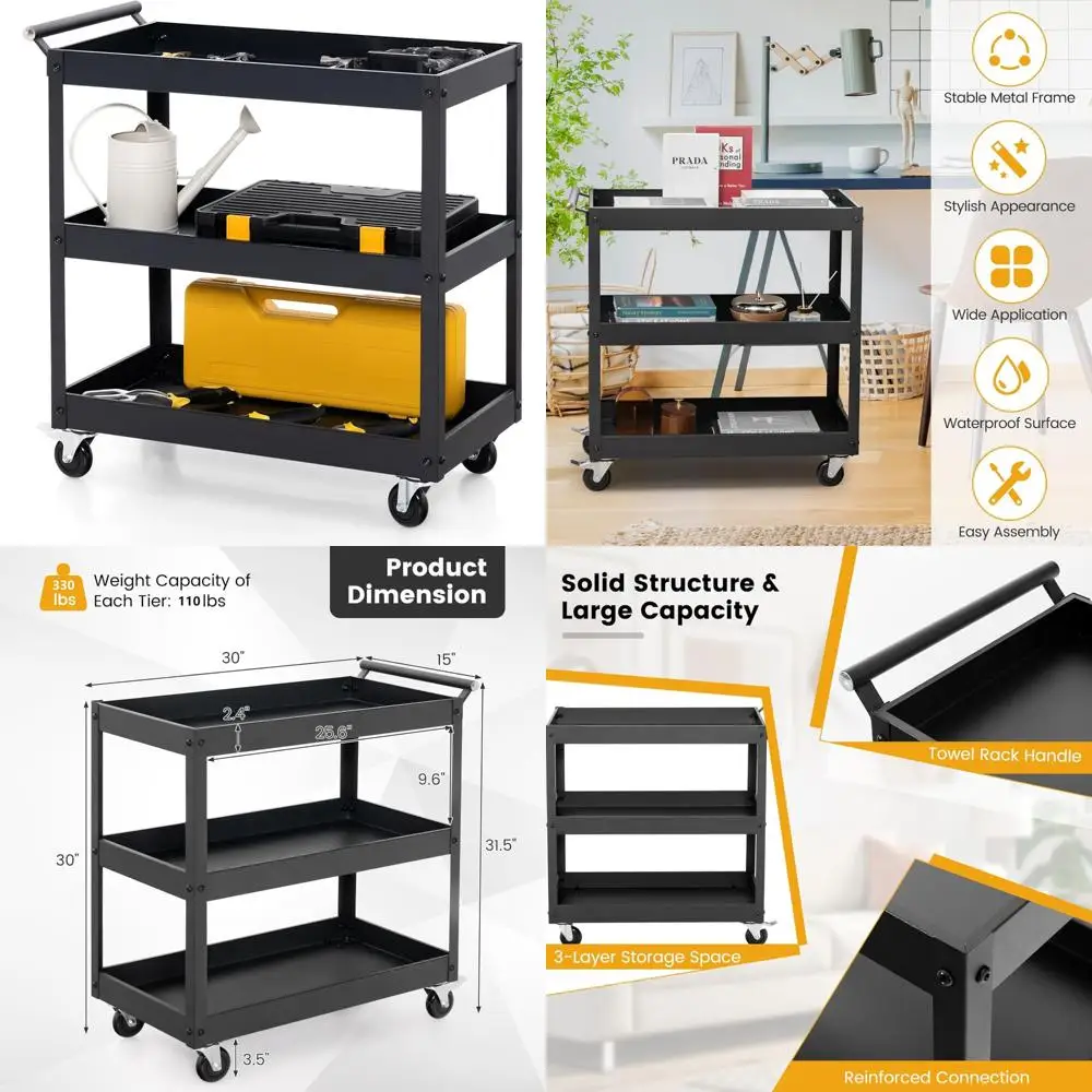 

Сверхмощная трехъярусная универсальная тележка с запираемыми колесами и емкостью 330 фунтов, тележка для сервисных инструментов коммерческого класса для эргономичных ручек