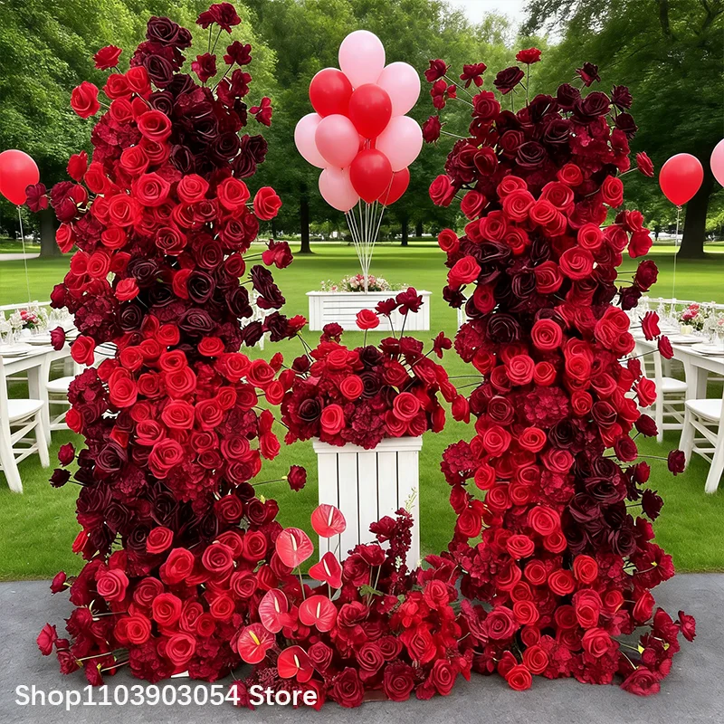 Rote, burgunderrote, schwarze Rosenblumenreihe, Blumenarrangement, Hochzeitshintergrund, KT-Board-Bogenrahmen, Dekoration für Veranstaltungen und Partys. – Detail 3