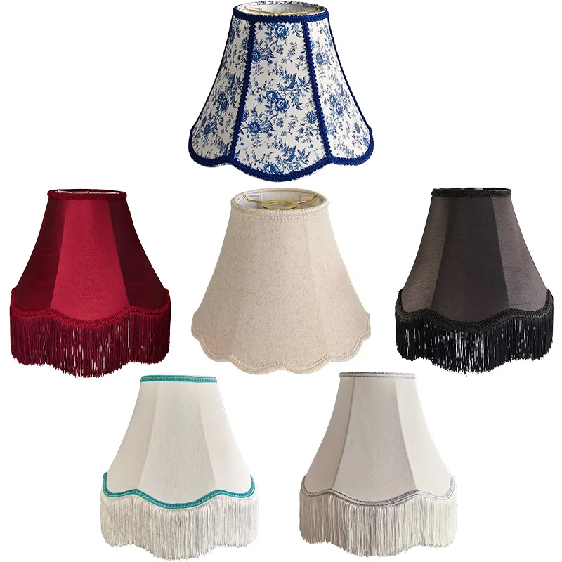 Vintage Fabric Lampshade with Tassel, Scalloped Edge Replacement Lamp Shade for Table Wall Lamp