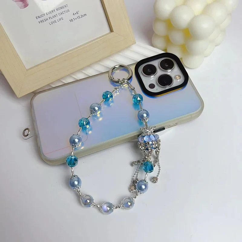 Crystal Blue Pearl Bead Phone Chain Mobile Phone Lanyard Short Wrist Strap Handmade Beaded Bracelet Pendant Lanyard Anti-Lost