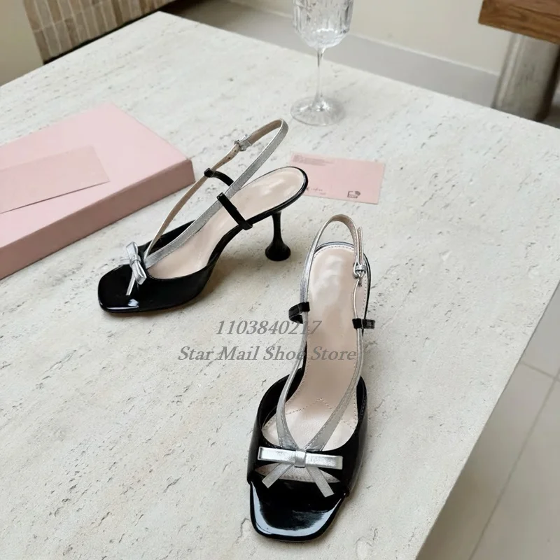 

Sweet Butterfly Knot Square Toe Peep Toe Women Sandal Summer Back Strap Slingback Breathable Stiletto Sandals Elegant Dress Shoe