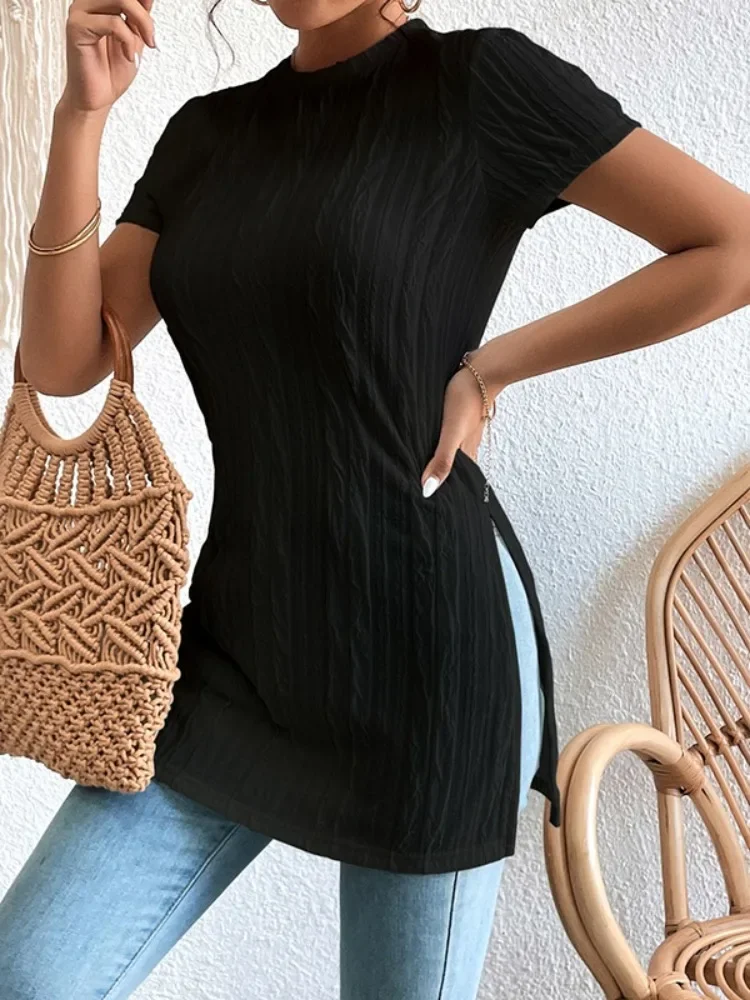 

UOOZEE Female Stylish Simple Solid Color Pleated Tops Summer Short Sleeves Split-Side Urban Casual Daily T-Shirts 2025 New
