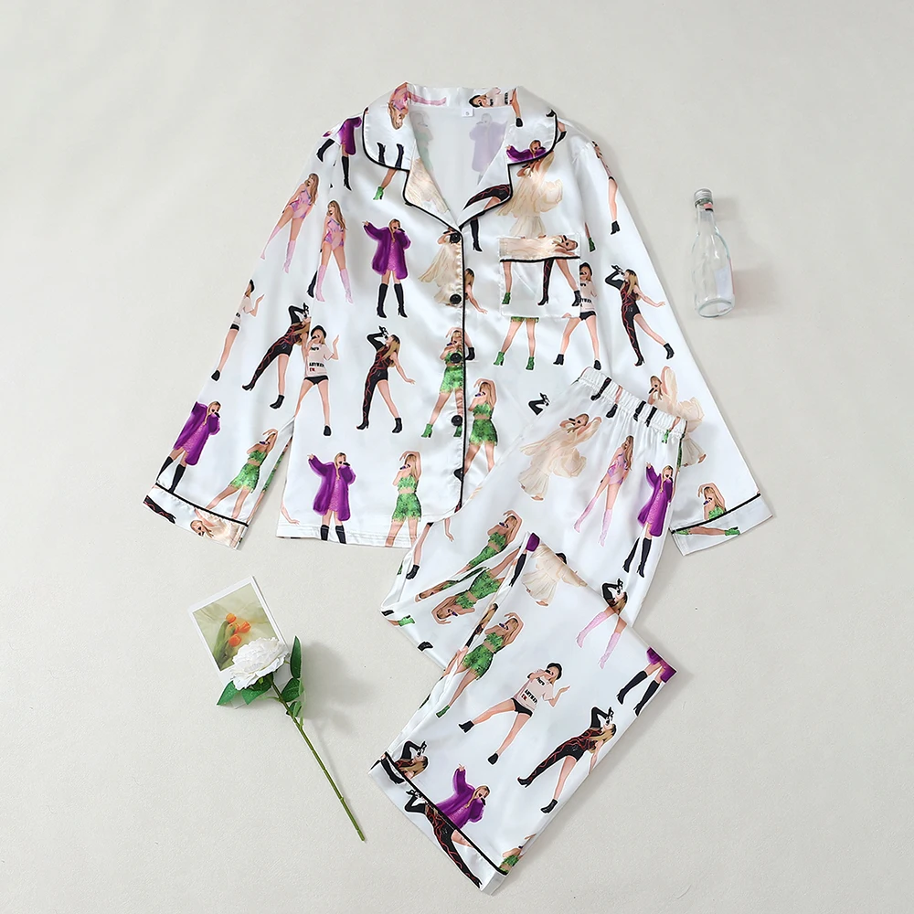 

2Pcs Fashion Women's Pajamas Cartoon Print Long Sleeve Lapel Top With Pants Sleepwear Set Comfortable Leisure Loungewear