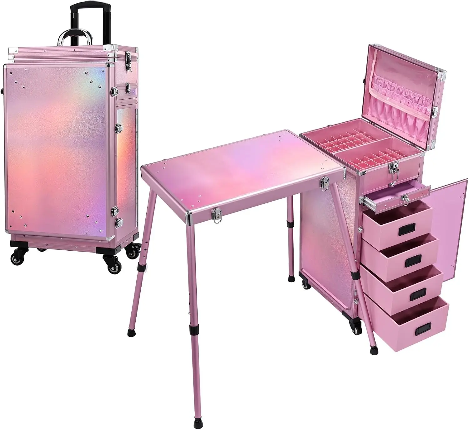 Joligrace Rolling Manicure Table 5 Drawers Foldable Nail Desk Cosmetology Case on Wheels Makeup Case with Brush Pouch for Techni