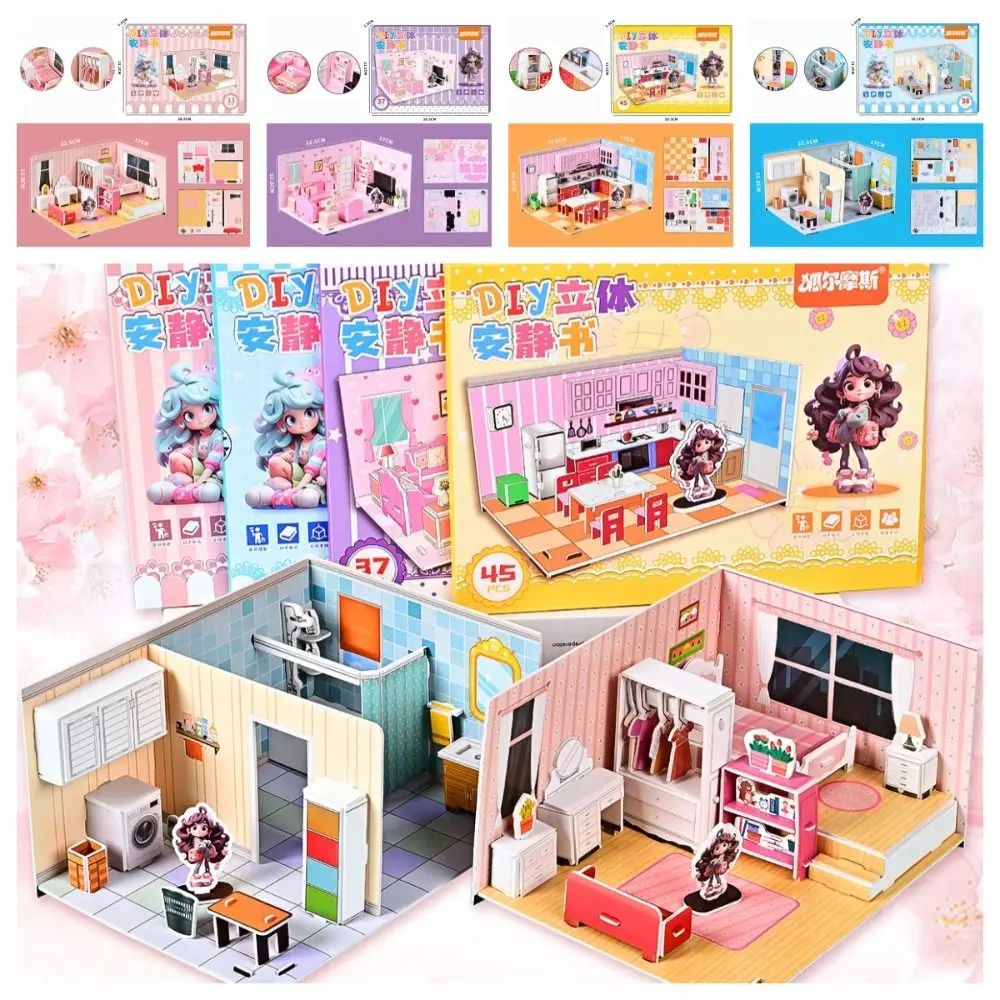 

Bedroom DIY Puzzle Dollhouse Room Kitchen Living Room Pretend Play Paper Doll House Cardboard Handmade 3D Paper Puzzle Room