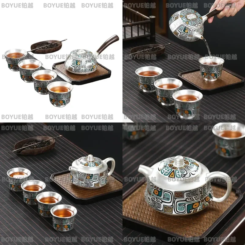 Sterling Silver Teapot with 4 Cups Ceramic Kung Fu Tea Set Portable Travel Office Gluttonous Pattern Gift