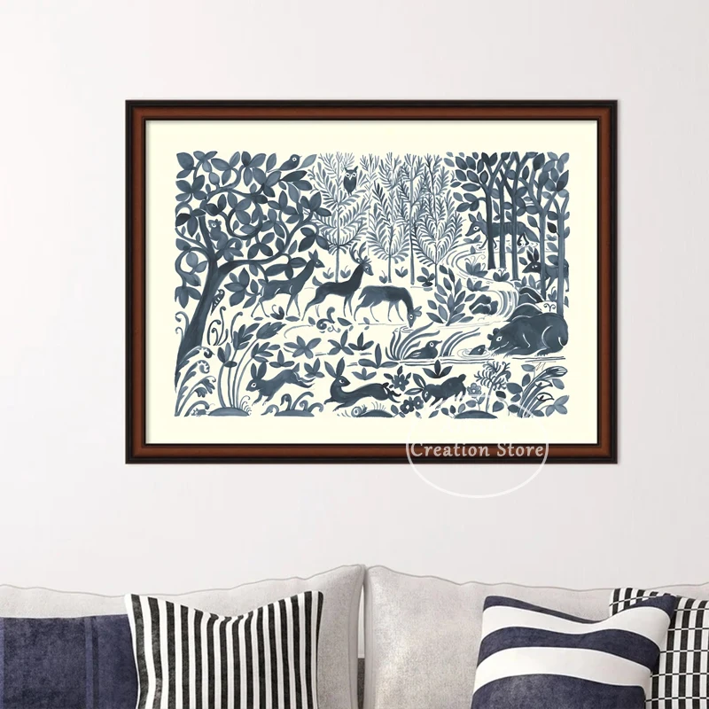 Forest Life By Miranda Thomas Prints Canvas Painting Deer Night Forest White Tree Small Rustic Cabin Nordic Room Decor Poster