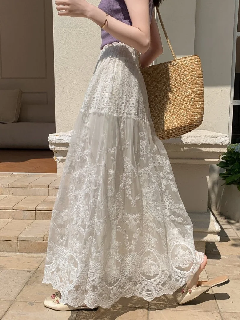 

Emily Clud Recommended New Chinese Sle Lace A-Line Midi Skirt Women's Dra Flared Skirt Large Swing f-length Skirt