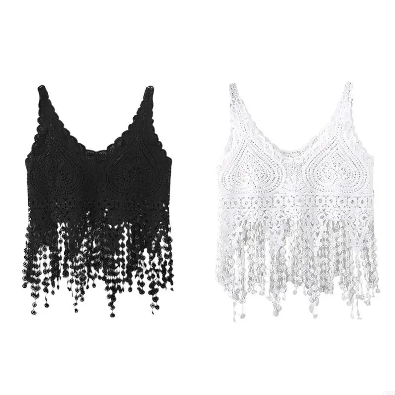 

P88B Women Hollow Crochet Crop for Tank Top Knit Lace Long Tassel Sheer Beach Cami Ve