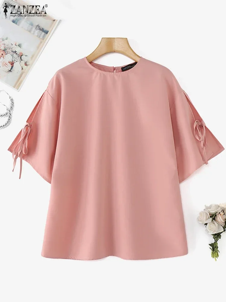 

ZANZEA 2025 Elegant Solid Color Blouse Summer Half Bandage Sleeve Tops Korean Fashion Round Neck Tunics Women Basic Shirts Femme