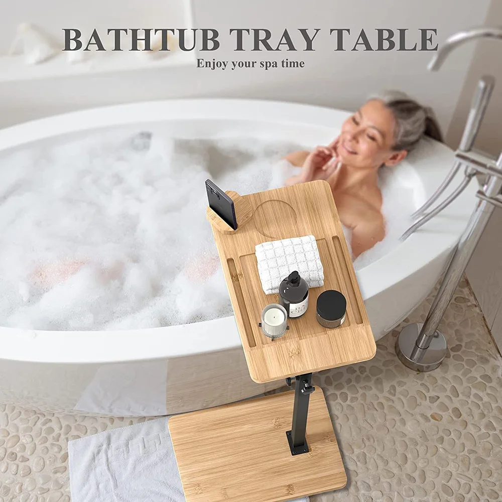 Bamboo Bathtub Tray Side Table Adjustable Height Bath Rack Table w/ Tablet Tray