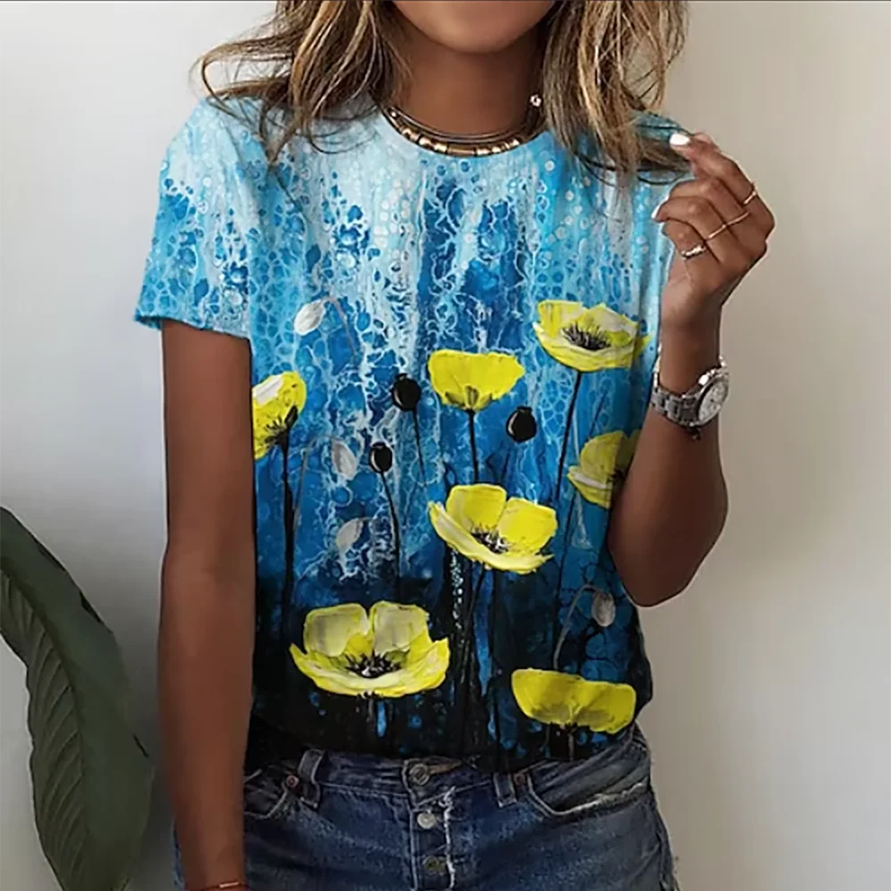 2023 Camisetas das mulheres Moda Tema Floral T Shirt Plantas Floral Tees Verão Manga Curta Top Básico Oversized Roupas Femininas