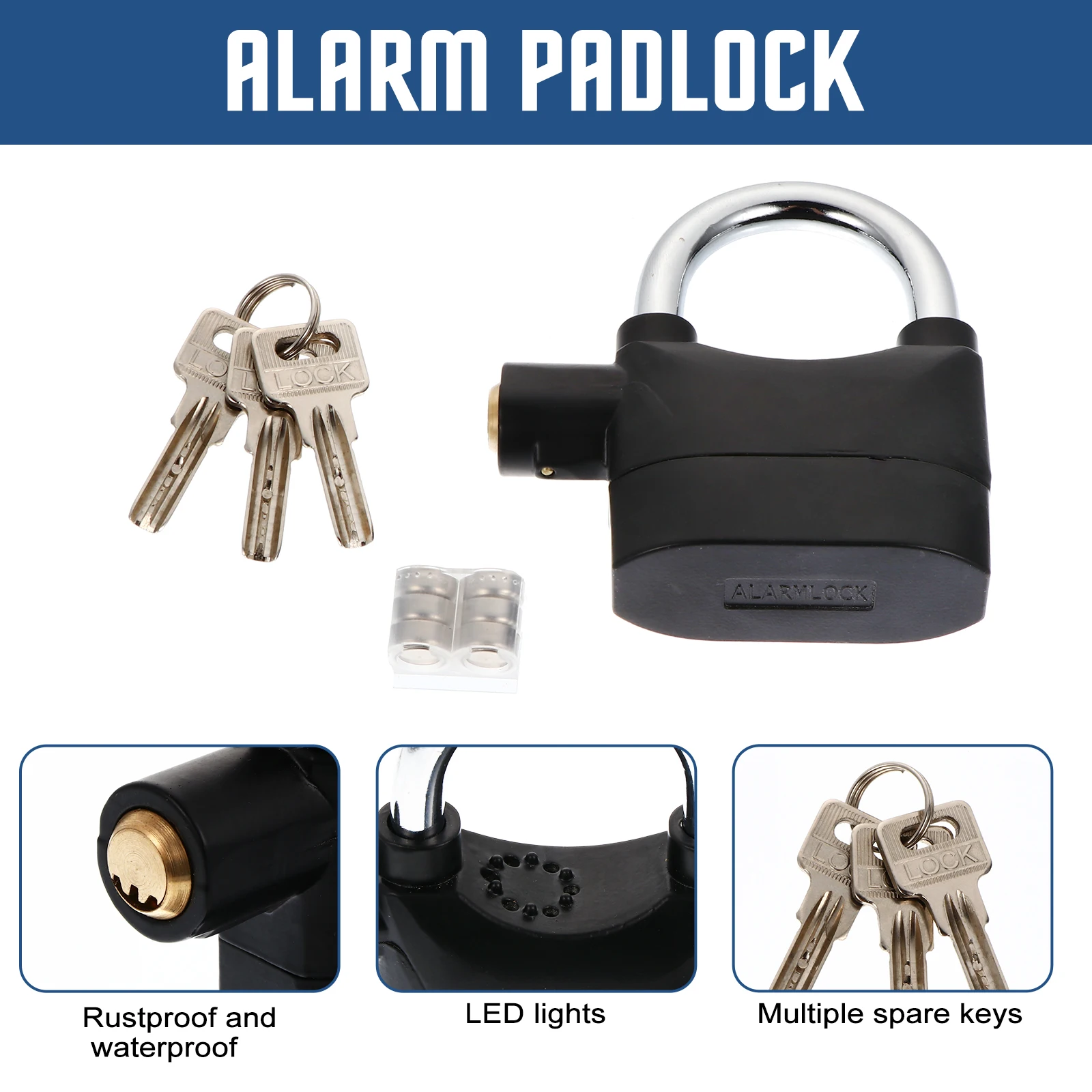 

1pc Security Alarm Padlock With Key Anti-Theft Lock For Bike Motorcycle Door Window Durable Mini Alarm Lock Black