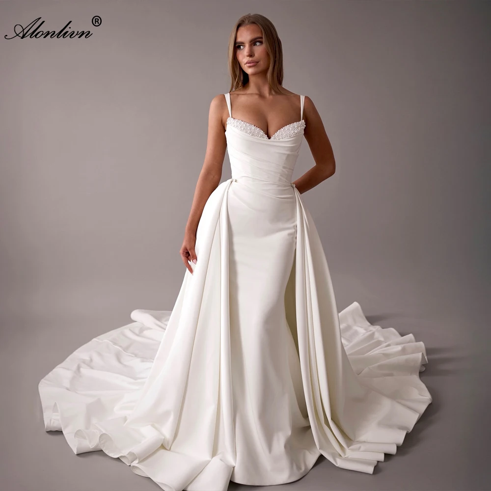 Alonlivn Customize Sweetheart Spaghetti Straps Mermaid Wedding dresses Beading Pearls Pleats 2 In 1 Trumpet Bridal Gowns