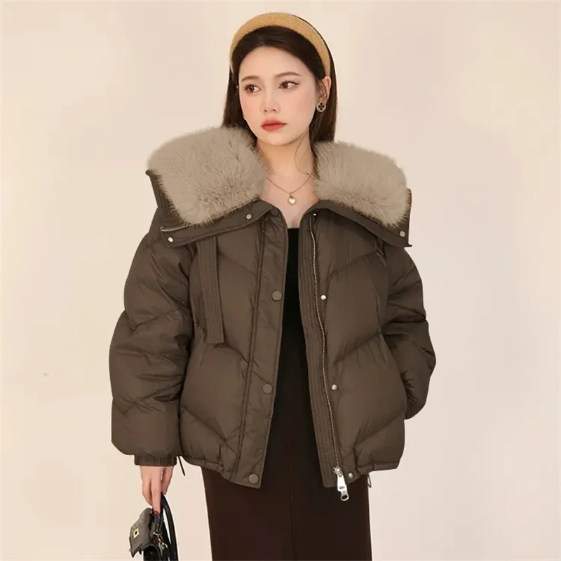 Chaqueta corta acolchada de algodón para mujer, Parkas con Cuello de piel, abrigos de algodón grueso, ropa de abrigo informal negra para mujer, invierno 2025