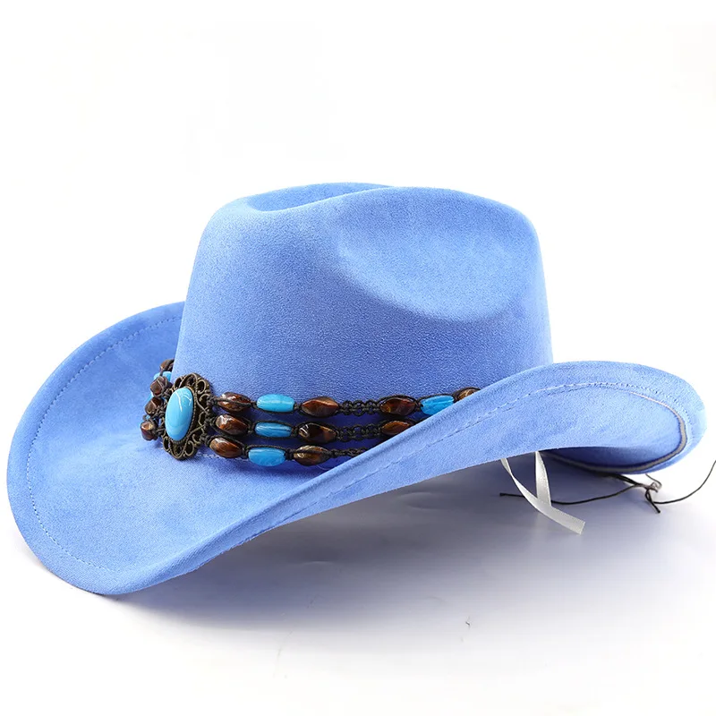Western-Cowboyhut aus Wildleder zum Reiten für Männer und Frauen, Outdoor-Reisehut mit gerollter Krempe, Zylinderhut im Ethno-Stil, Filzhut – Detail 4