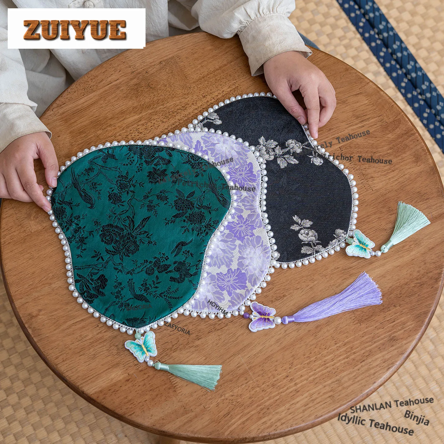 HOYIHM Brocade Gourd Bead Edge Tea Table Mats Ancient Teacup Coaster Set Drink Coaster Dinner Table Cloth Mat Cha Supplies