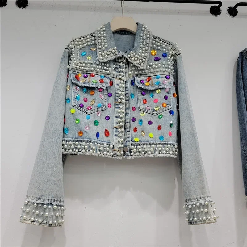 Autumn Women Fashion Pearl Beaded Diamond Frayed Burrs Light Blue Jean Jacket Chaqueta Mujer Lapel Long Sleeve Denim Coat Female