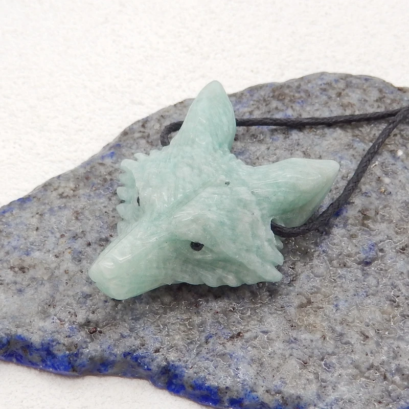 Natural Stone Amazonite Wolf Head Pendant Reiki Healing Carved Animal DIY Animal Jewelry Necklace Gift 36x29x12mm 11g