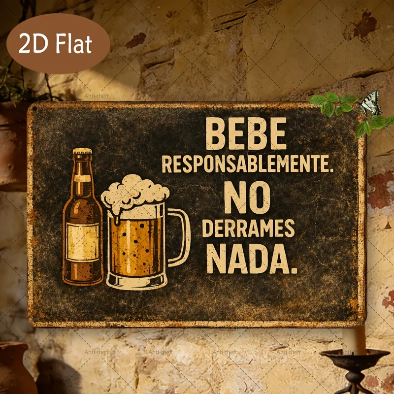 1pc Spanish Slogan Retro Painting with Beer Bottle And Glass Design, Responsible Message, Four-Sided Hemmed & Rivet Design