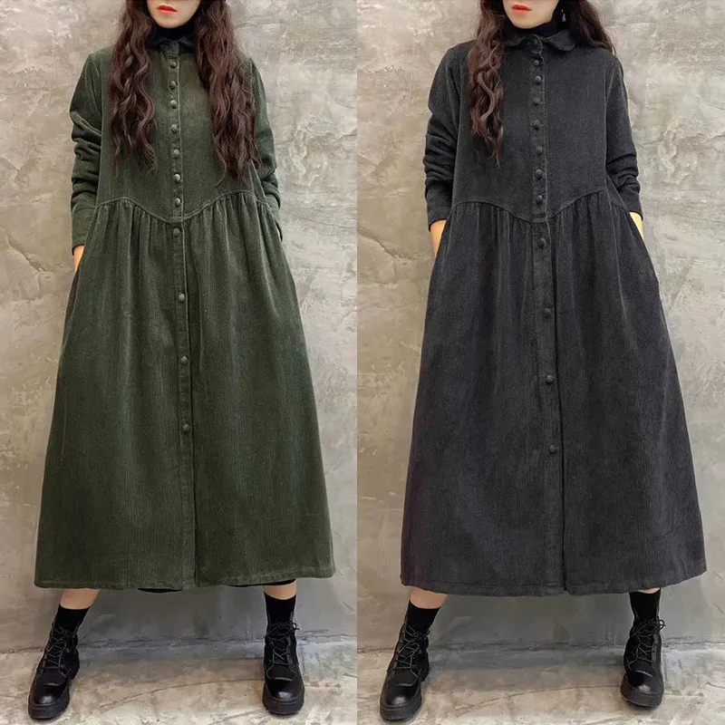 

Women Long Trench Coat Female Single-Breasted Long Sleeves Corduroy Outerwear Retro Fashion Spring Autumn Windbreaker Female