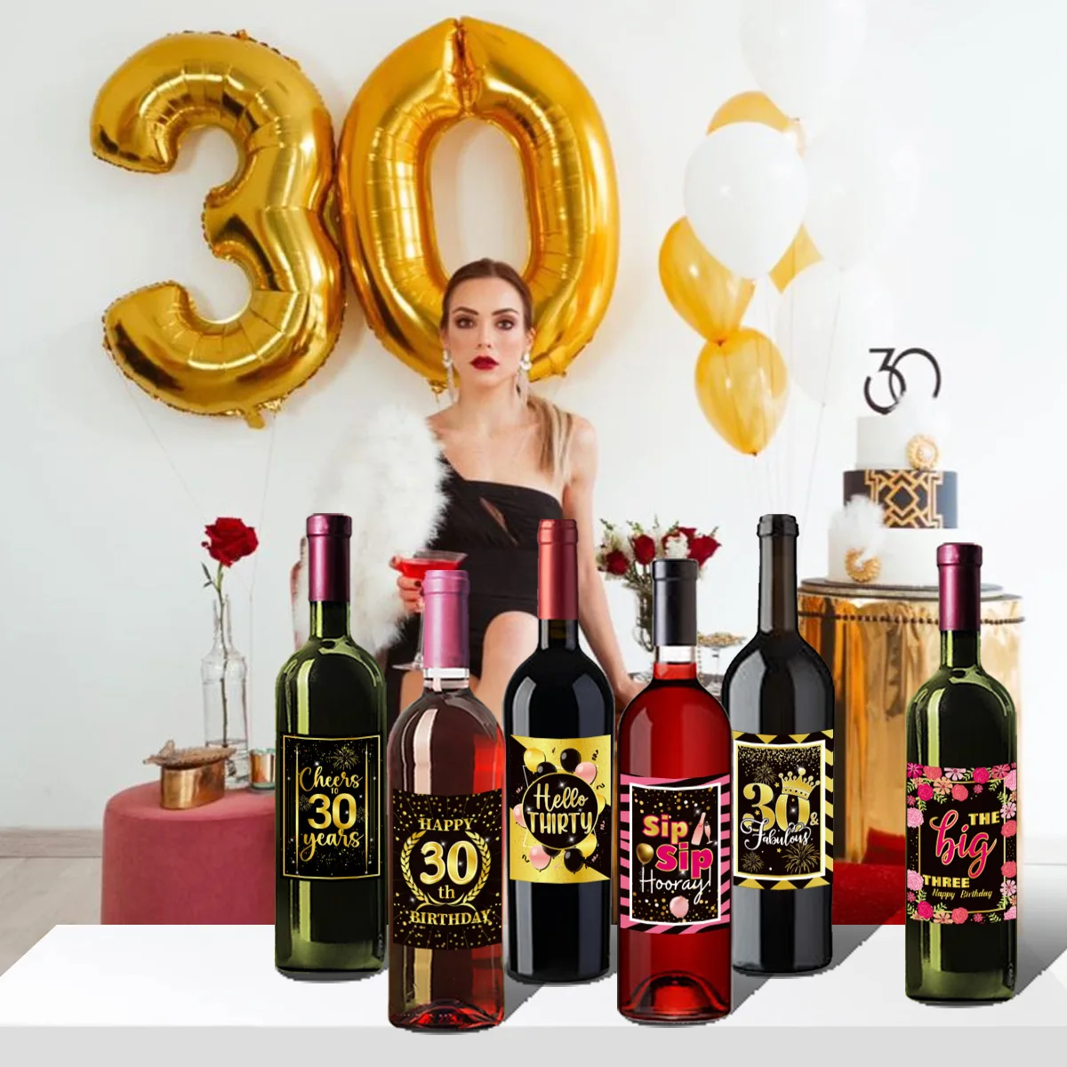 12 Sheets Black 30th 40th 50th 60th Years Old Wine Bottle Label Adhesive Stickers for Adult Birthday Retirement Party Decoration