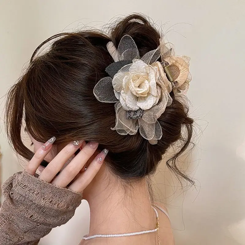 قطعة واحدة من شبكة الجنية الفائقة، بتلات الورد المجففة، مشبك شعر راقي، مشبك سمك القرش، مشبك شعر جديد وإكسسوارات #5