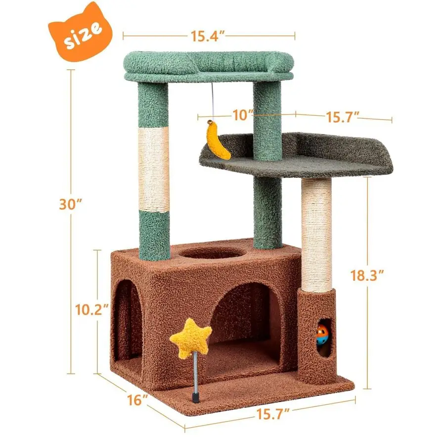 

Cute Cat Tower for Indoor Kittens with Cat Condo, Plush Platform, Hammock, Sisal Scratching Posts, Dangling Ball, Tall Cat Tree