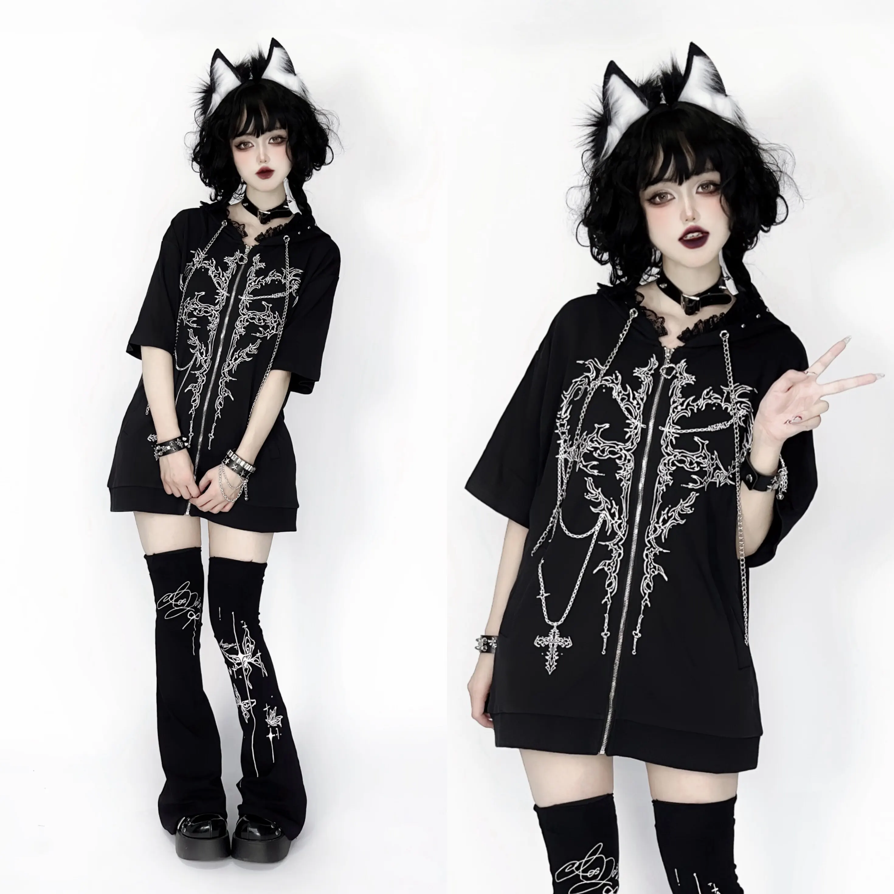 Gothic Cat Ear Hooded Short Sleeve Zip Up Jacket Subculture Black and White Printed Cat Ear Short Sleeve Hooded Zipper T-Shirt