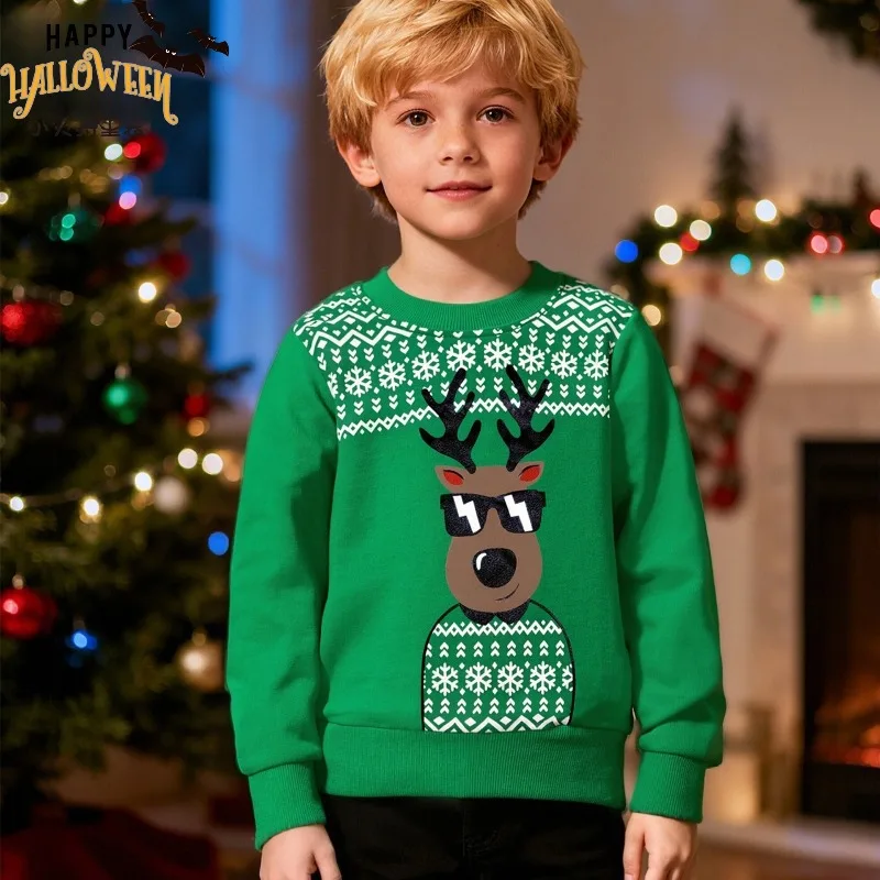 Christmas Long Sleeved Hoodie Autumn Cartoon Reindeer Print Pattern Round Neck Pullover Theme Party Outfits for Boys Baby Boy