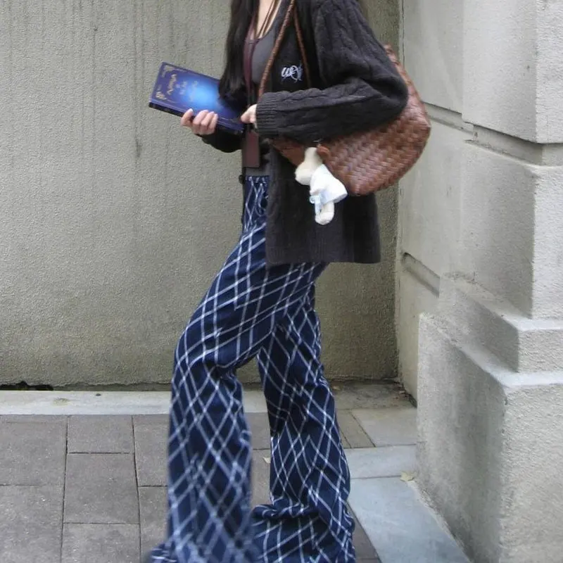 Women Navy Blue Diamond Plaid Wide Leg Pants High Waist Loose Retro Check Trousers Autumn Casual Streetwear Floor Length Bottoms