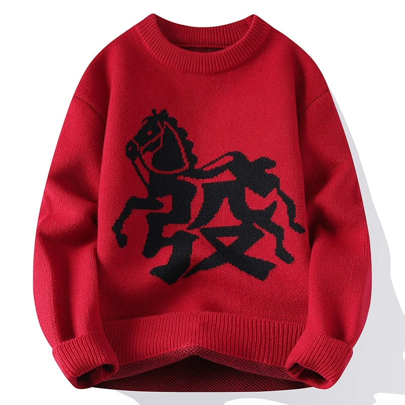 

Chinese Style Knitwear Men Sweater Horse Print Pullovers Elastic Winter Quality Soft Comfortable Casual Trendy Sueters De Hombre