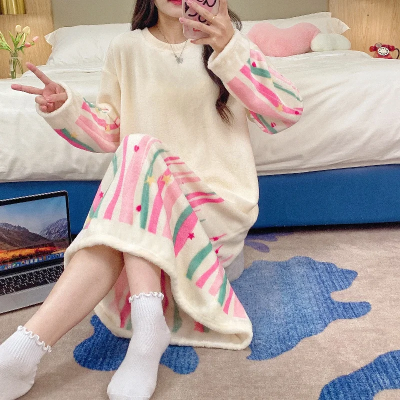 Autumn Winter Nightgowns & Sleepshirts Young Girl Warm Flannel Nightdress Long Sleeve Women Sleepwear Shirt Home Wear Clohtes