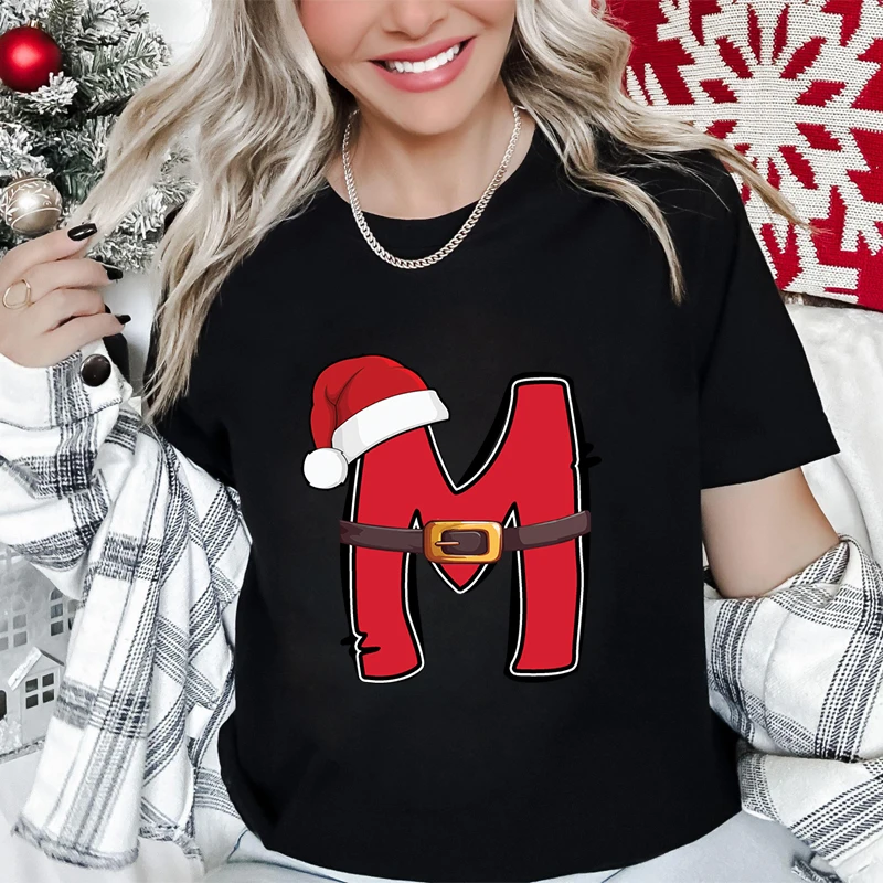 

Women’s Xmas Alphabet A-Z Graphic Print T-shirt, Casual Holiday Fashion Tee, Santa Letter Holiday Party Female Clothing Y2k Tops