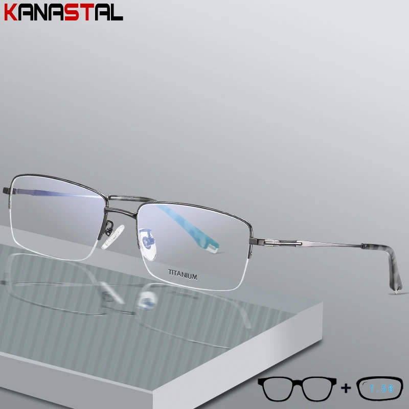 

Men Pure Titanium Reading Glasses Prescription CR39 Optics Myopia Presbyopic Eyewear Blue Light Blocking Half Eyeglasses Frame