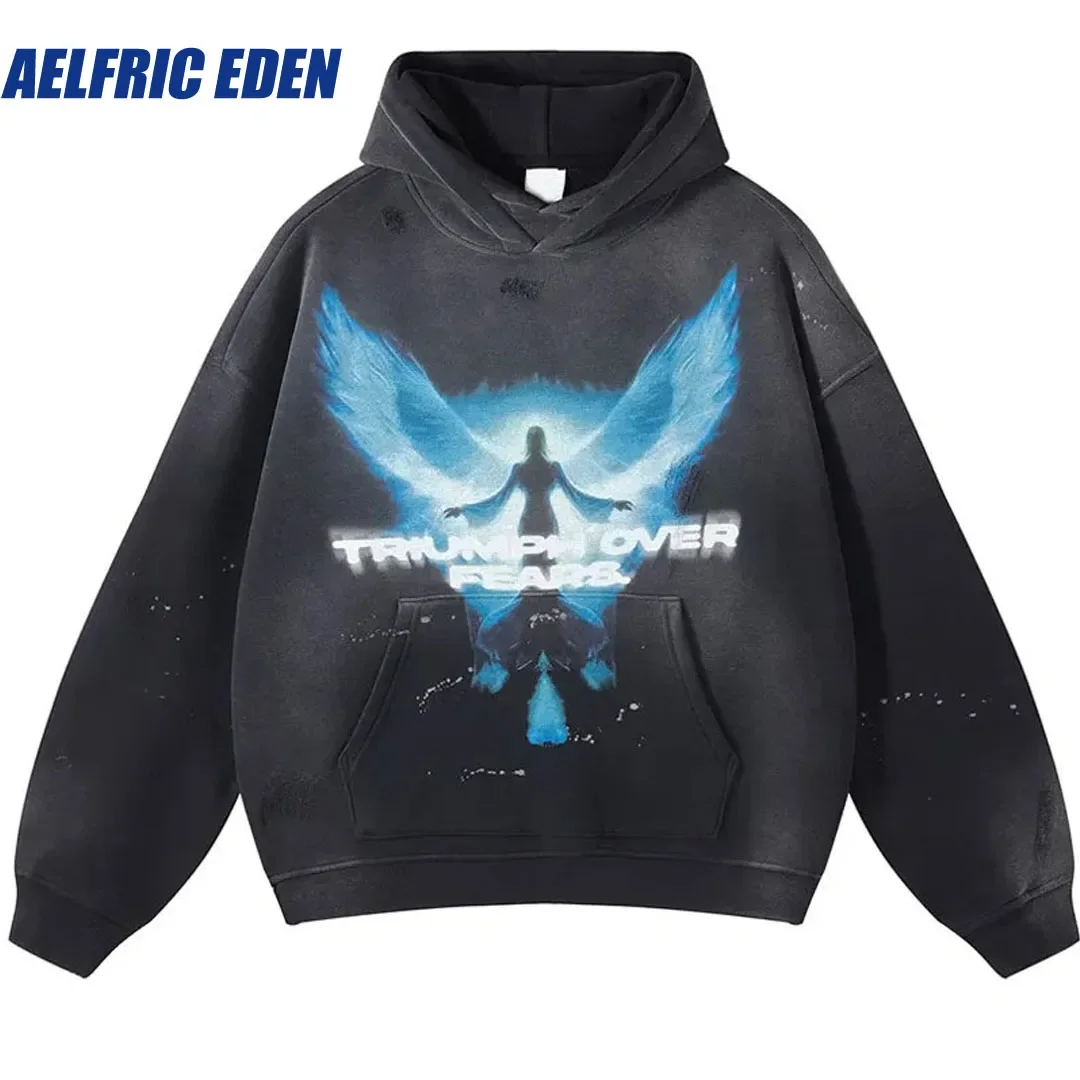 

Aelfric Eden Hip Hop Fleece Hoodie 2024 Vintage Ripped Angel Wing Graphic Print Washed Hooded Sweatshirt Harajuku Punk Pullover