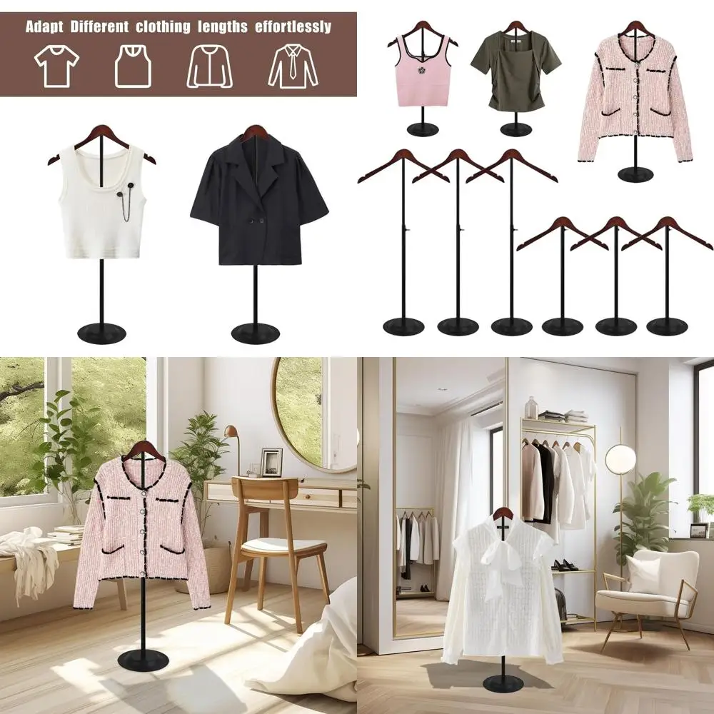 

Adjustable 6-Pac T-Shirt Display Stand, Portable Wooden Clothing Rack, 16.5-31 Inch Hanger for Retail, Black